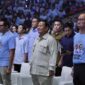 Calon presiden nomor urut dua dari Koalisi Indonesia Maju, Prabowo Subianto, berjoget gemoy Bersama ribuan relawan Kopi Pagi di Sentul International Convention Centre (SICC). (Dok. Tim Media Prabowo-Gibran)
